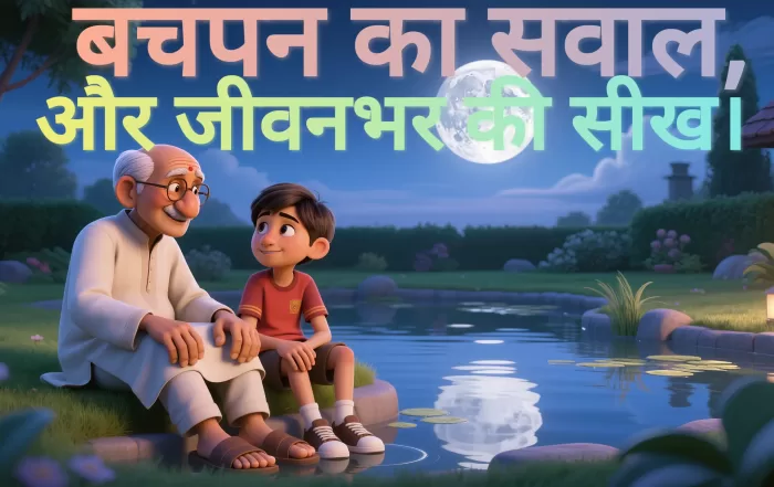 A childhood question leads to a lifetime of wisdom. 3D animation of a grandfather and grandson sitting by a moonlit pond with large Hindi text that reads "Bachpan ka sawal, aur jeevanbhar ki seekh."