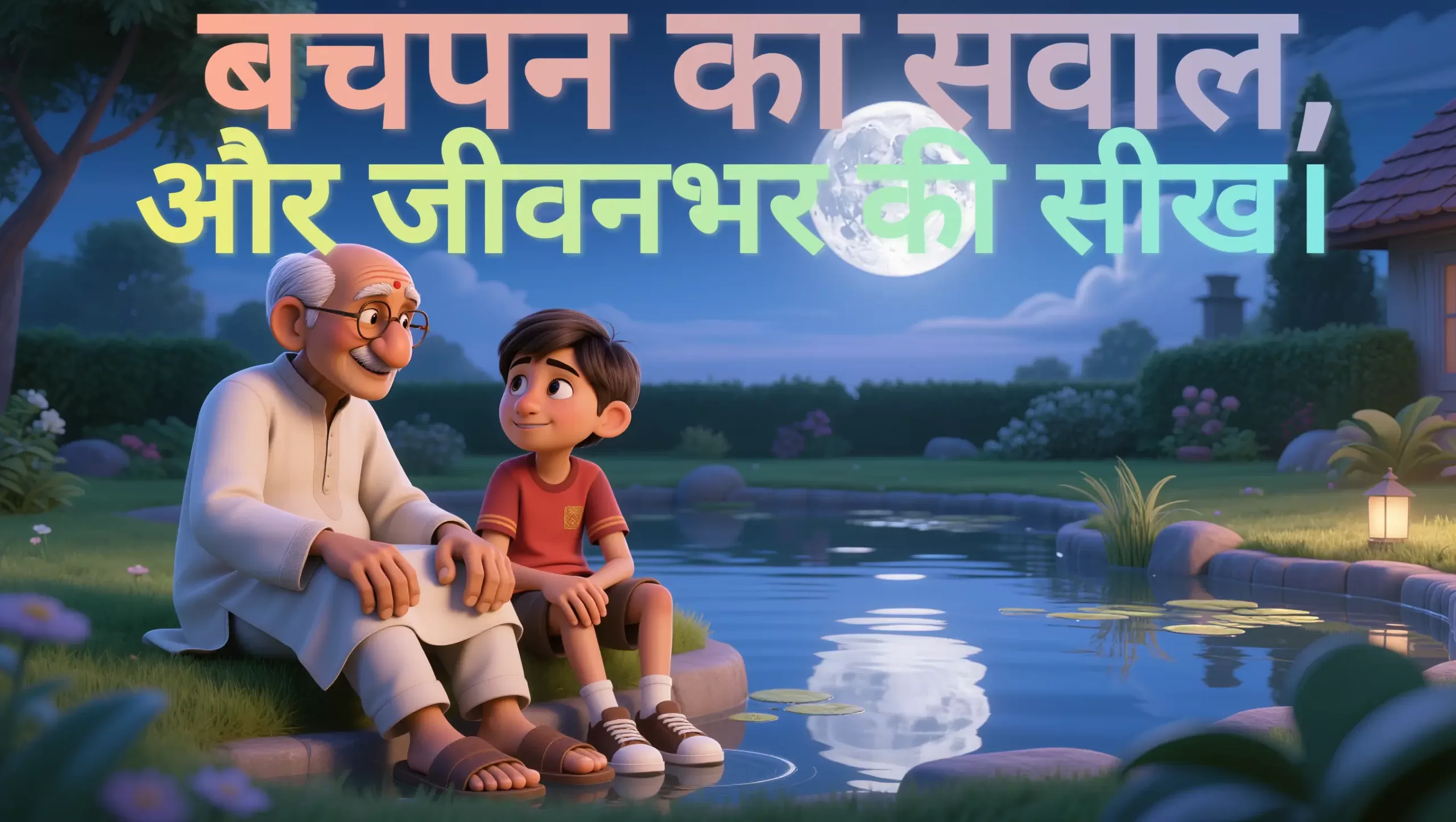 A childhood question leads to a lifetime of wisdom. 3D animation of a grandfather and grandson sitting by a moonlit pond with large Hindi text that reads "Bachpan ka sawal, aur jeevanbhar ki seekh."