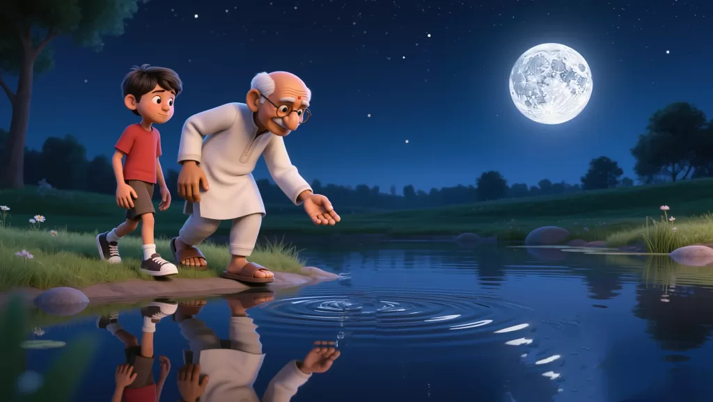 Like the moon reflected in a pond, our true self is only visible when the mind is still. 3D animation of a grandfather and grandson reflecting on ripples in a moonlit pond, symbolizing the Bhagavad Gita's teachings on inner peace and the eternal soul.