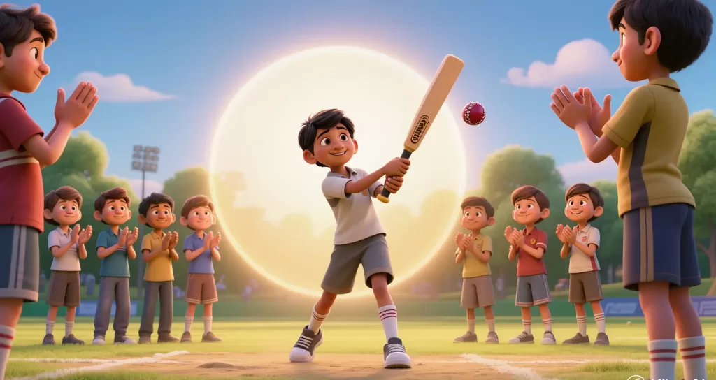 Victory is not just in the score, but in the stillness of the mind during the swing. 3D animation of a joyful young boy in a white cricket uniform hitting a ball with a bat, a bright sun glowing behind him, while his teammates clap and cheer in the background.