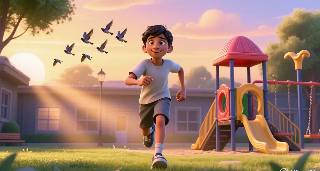 The ultimate freedom: Rising above the noise to embrace the present moment. 3D animation of a young boy running joyfully through a sunlit park with birds flying overhead and a playground in the background.