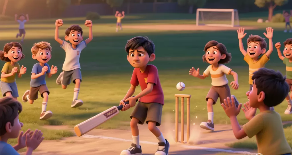 Rising above the noise: True focus is found when the mind remains steady amidst the cheers and the chaos. 3D animation of a young boy in a red shirt playing cricket; he looks focused and determined while other children cheer and run in the background.
