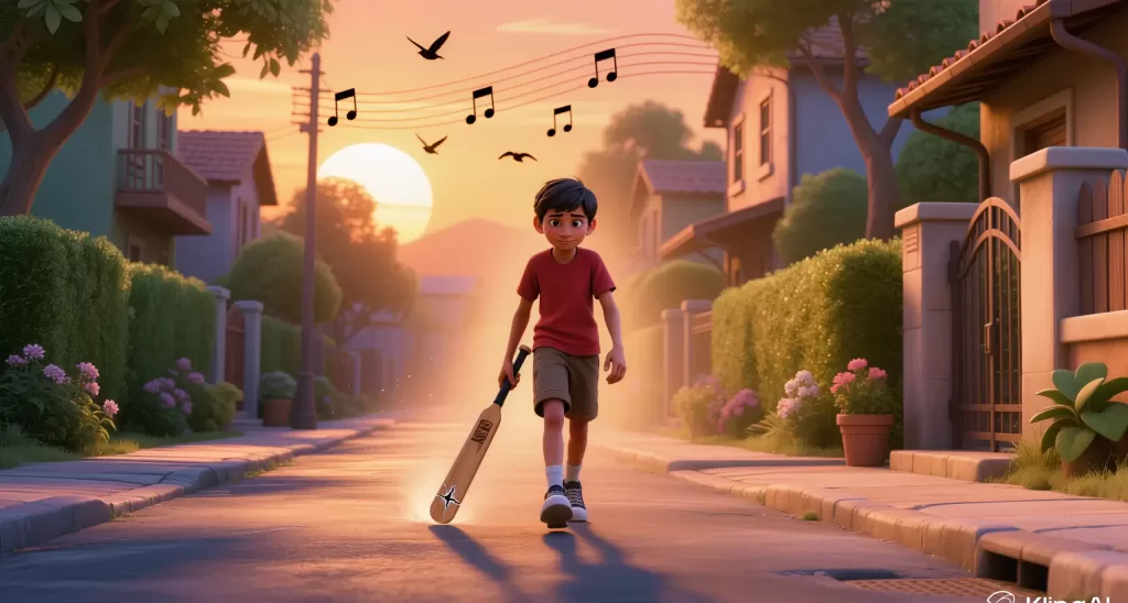 When the soul is unbreakable, external setbacks become nothing more than a melody in the background of life. 3D animation of a young boy walking down a sunlit suburban street at sunset, carrying his broken cricket bat with a peaceful expression as musical notes float in the air.