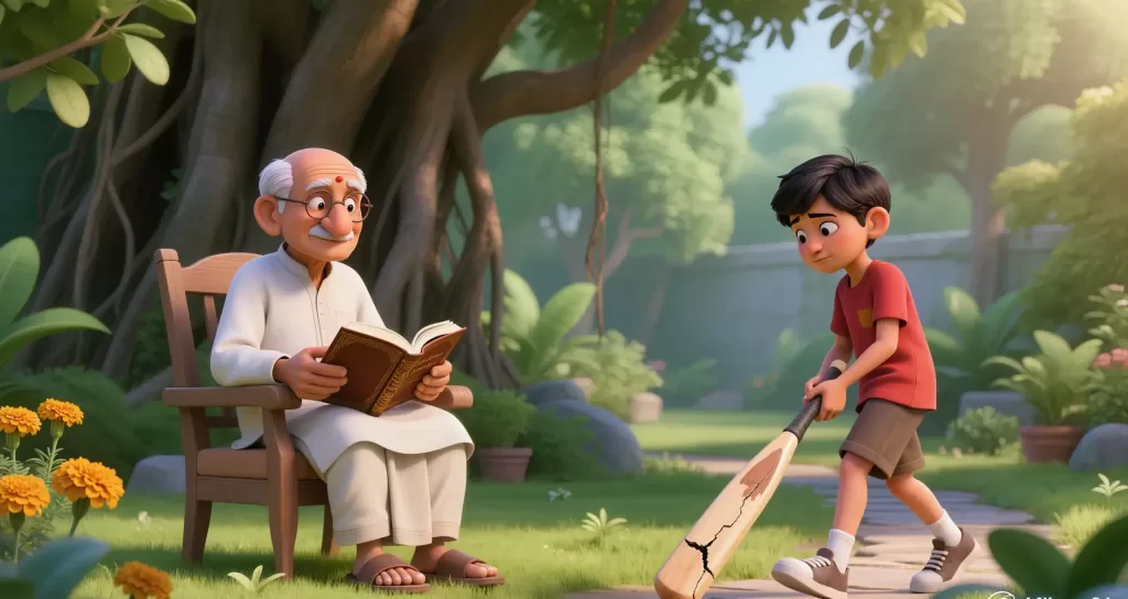 A broken tool is not a broken spirit. Grandfather uses a moment of disappointment to teach the resilience of the soul. 3D animation of a young boy looking sadly at his cracked wooden cricket bat while his grandfather sits nearby in a garden chair, reading a sacred book under a banyan tree.