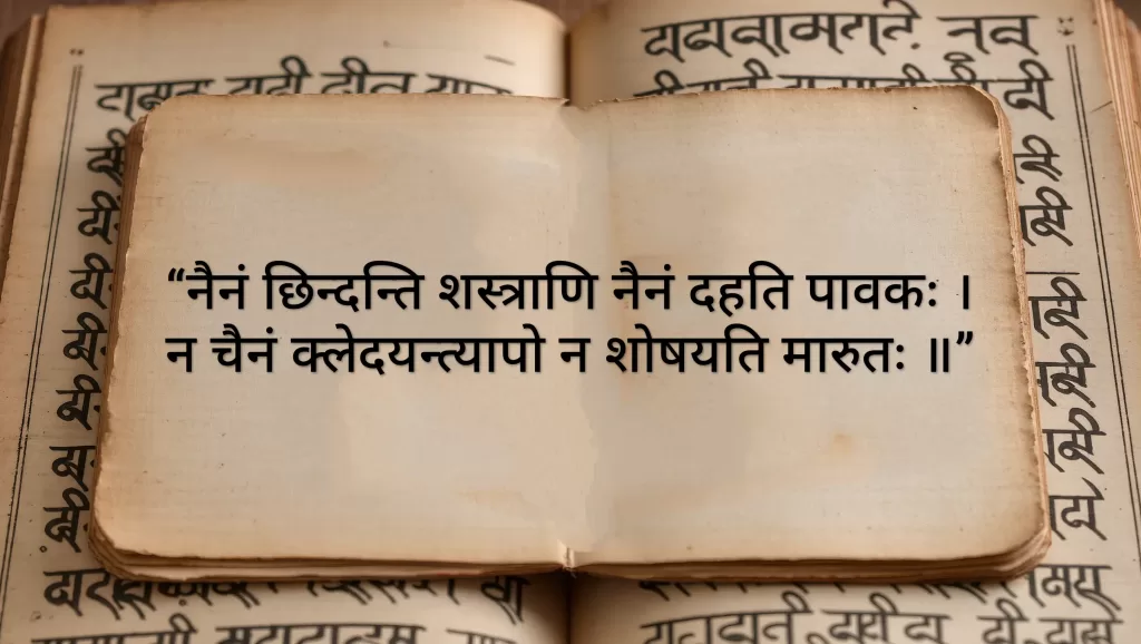 The core of the Unbreakable Soul: Ancient wisdom written in Sanskrit. An open ancient Sanskrit manuscript showing the verse 