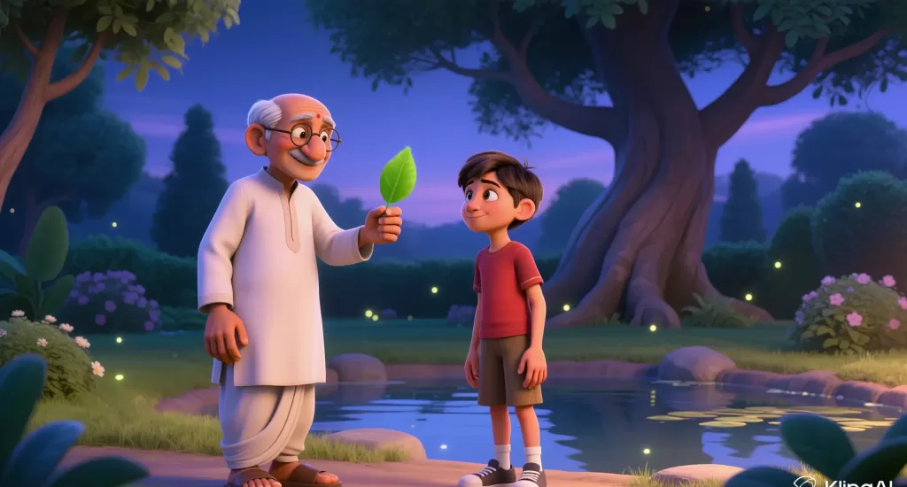 Connecting with the world, one leaf at a time: A lesson in presence and appreciation. 3D animation of an elderly Indian man in a white kurta holding up a bright green leaf for a young boy to see in a magical garden with fireflies and a pond at twilight.