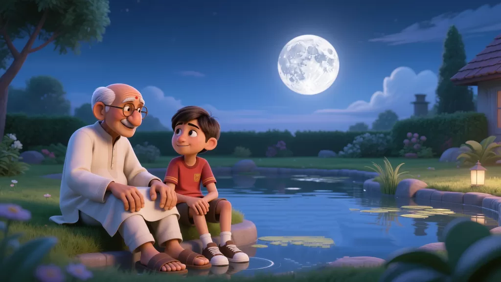 Sometimes the most profound lessons are shared in silence under the light of the moon. 3D Pixar-style illustration of an elderly man and a young boy sitting peacefully together on the grass by a pond under a giant, bright full moon.