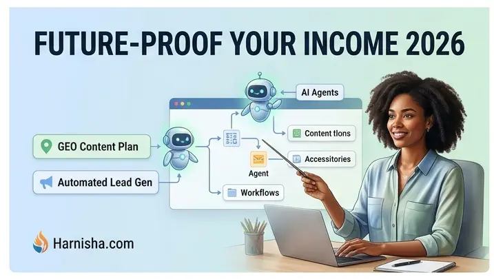 Infographic showing AI-driven freelance income strategies for 2026 including GEO content planning and automated workflows.