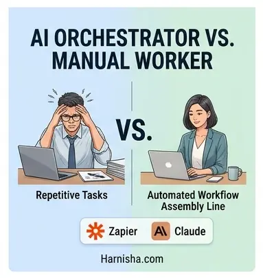Comparison of a stressed manual worker doing repetitive tasks versus a calm AI orchestrator using automated workflows for freelancing.