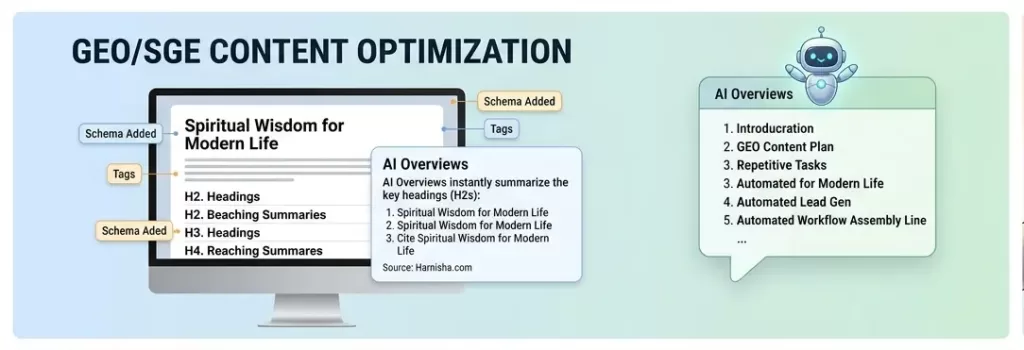 Diagram showing a blog layout optimized with H2 headings and Schema markup for AI Overviews and search engines.