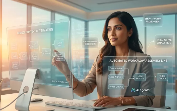 Professional woman as an AI Orchestrator managing digital workflows and GEO content optimization for 2026 freelance skills.