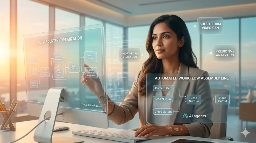 Professional woman as an AI Orchestrator managing digital workflows and GEO content optimization for 2026 freelance skills.