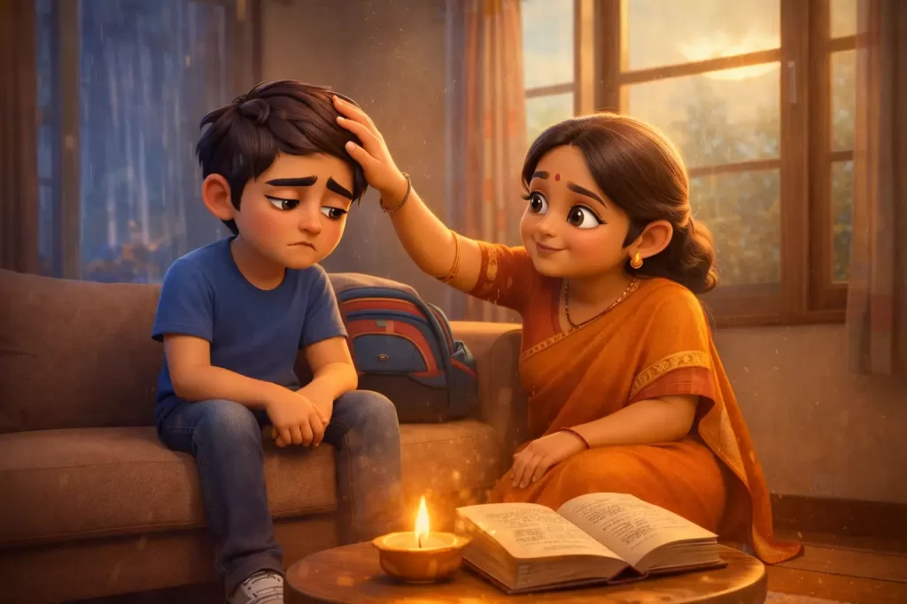 3D animated illustration of a mother in a saree comforting a sad young boy by a lit diya and an open Bhagavad Gita on a table.