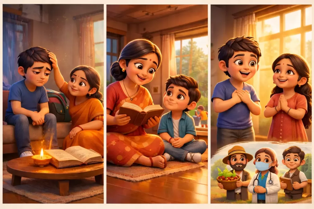 A three-panel illustration of a mother teaching her son; first panels show them reading together, the final panel shows children imagining various professions like doctor and farmer.