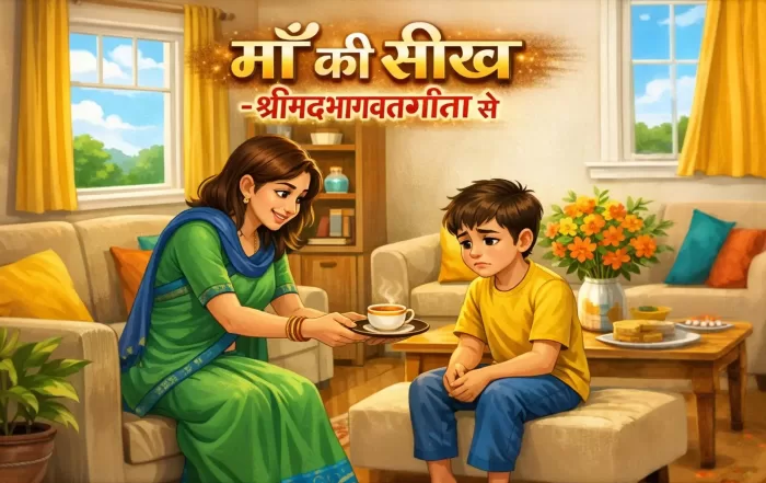An illustration of an Indian mother in a green saree comforting her sad son with a cup of tea in a sunny living room.
