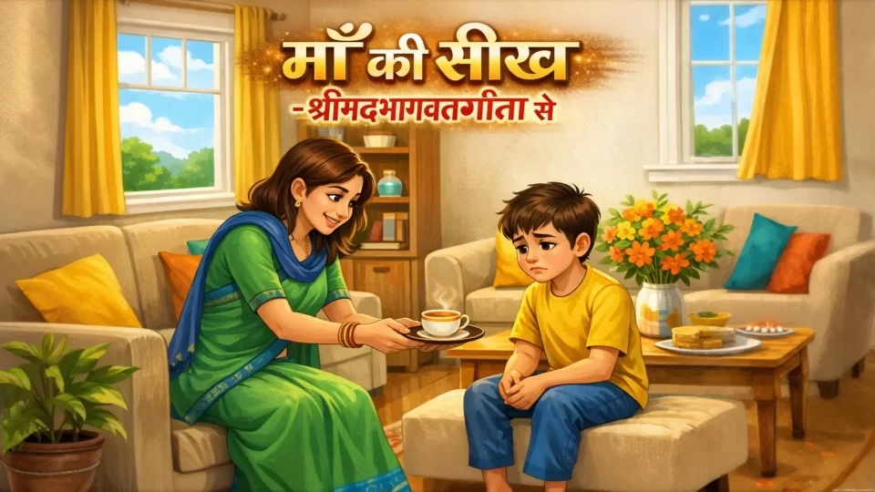 An illustration of an Indian mother in a green saree comforting her sad son with a cup of tea in a sunny living room.