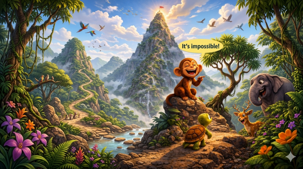 Animals laughing at turtule.