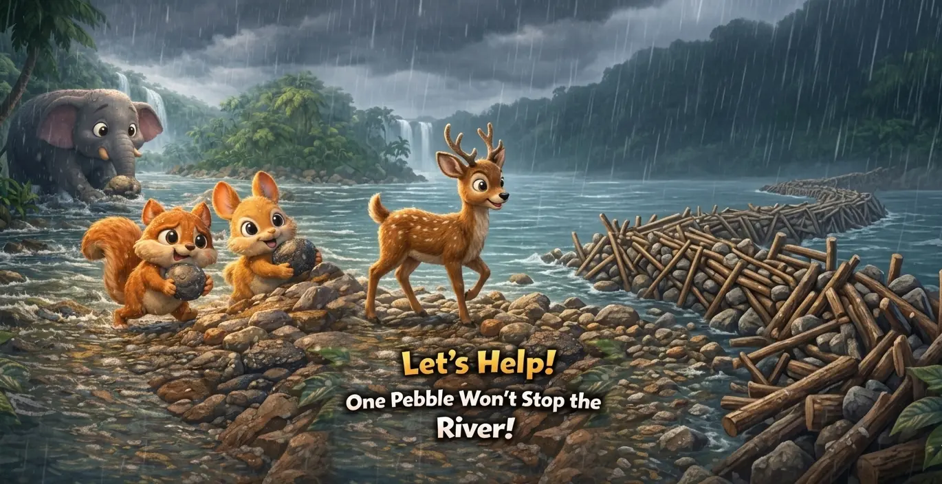 Animals-Helping-Each-Other-Moral-Story-Image An animated scene of a large elephant, a deer, and two small squirrels working together in the rain to carry large round rocks to a riverbank. Bold text overlay reads, "Let's Help! One Pebble Won't Stop the River!".