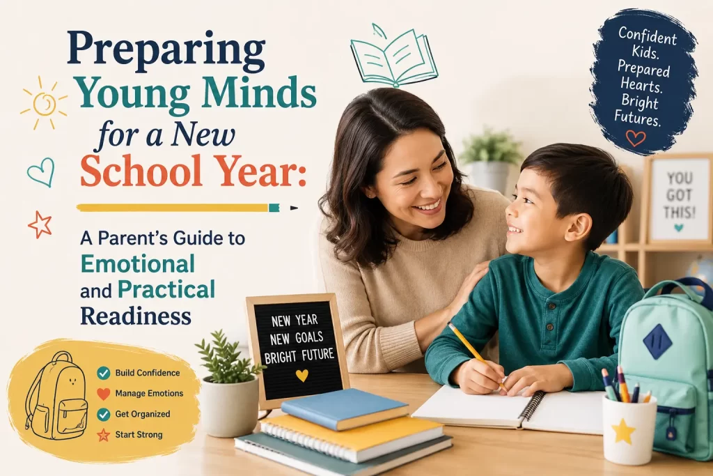A cheerful back-to-school guide cover featuring a smiling parent and young child sitting together at a desk with notebooks, pencils, and a backpack. The design includes colorful typography and playful doodles promoting emotional and practical readiness for the new school year.
