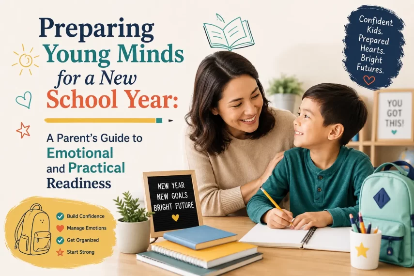 A cheerful back-to-school guide cover featuring a smiling parent and young child sitting together at a desk with notebooks, pencils, and a backpack. The design includes colorful typography and playful doodles promoting emotional and practical readiness for the new school year.