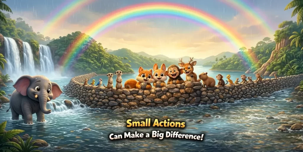 Small-Actions-Big-Difference-Kids-Moral-Lesson An animated illustration of a friendly elephant, two squirrels, a monkey, and a deer building a stone bridge over a river in a lush jungle under a rainbow. Text overlay reads, "Small Actions Can Make a Big Difference!"