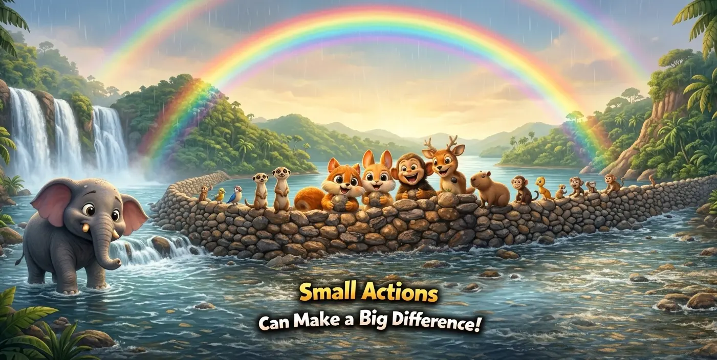 Small-Actions-Big-Difference-Kids-Moral-Lesson An animated illustration of a friendly elephant, two squirrels, a monkey, and a deer building a stone bridge over a river in a lush jungle under a rainbow. Text overlay reads, "Small Actions Can Make a Big Difference!"