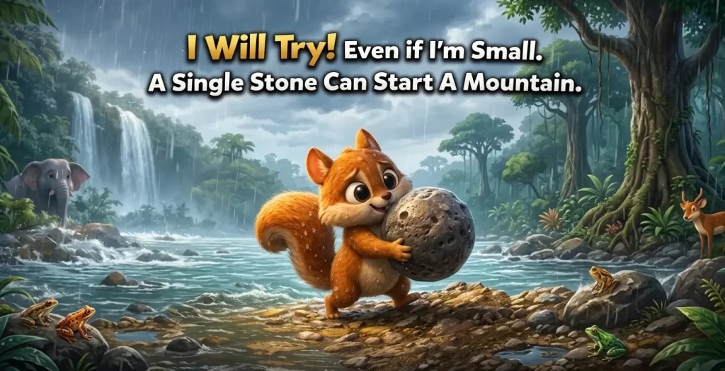 Squirrel-decided-to-save-jungle An animated scene of a small, wet squirrel determinedly carrying a round stone by a rushing river in the rain. An elephant and a deer stand in the background near a jungle waterfall. Text overlay reads, "I Will Try! Even if I'm Small."