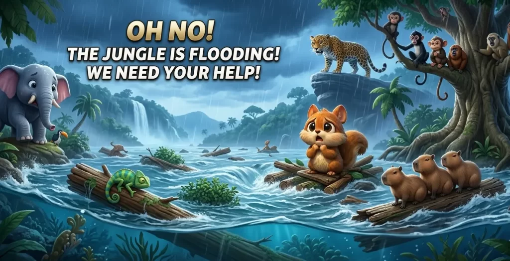Squirrel-noticed-jungle-flooding An animated close-up of a scared, wet squirrel looking with wide eyes at a rising river during a jungle rainstorm. An elephant, monkey, toucan, and deer look on anxiously in the background. Text overlay reads, "Oh No! The Jungle is Flooding!"