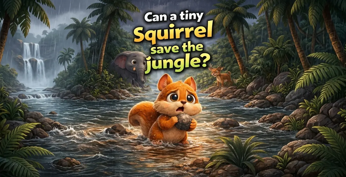 An animated promotional graphic showing a small, anxious squirrel standing in a rushing river holding a rock. An elephant and a deer look on from the riverbanks in a stormy rainforest. Large bold text at the top asks, "Can a tiny Squirrel save the jungle?".