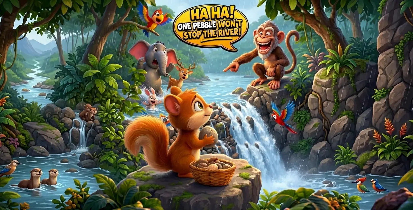 other-animals-laugh-at-squirrel An animated scene of a sad squirrel holding a single stone next to a basket of pebbles by a river, while a monkey points and laughs at it. In the background, an elephant, a deer, a rabbit, and a parrot are also laughing. Text overlays read: "HA HA! ONE PEBBLE WON'T STOP THE RIVER!" and "YOU CAN'T DO ANYTHING!".