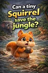 An animated promotional graphic showing a small, anxious squirrel standing in a rushing river holding a rock. An elephant and a deer look on from the riverbanks in a stormy rainforest. Large bold text at the top asks, "Can a tiny Squirrel save the jungle?".