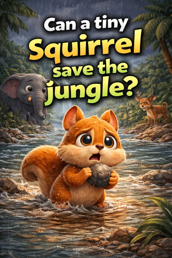 An animated promotional graphic showing a small, anxious squirrel standing in a rushing river holding a rock. An elephant and a deer look on from the riverbanks in a stormy rainforest. Large bold text at the top asks, "Can a tiny Squirrel save the jungle?".
