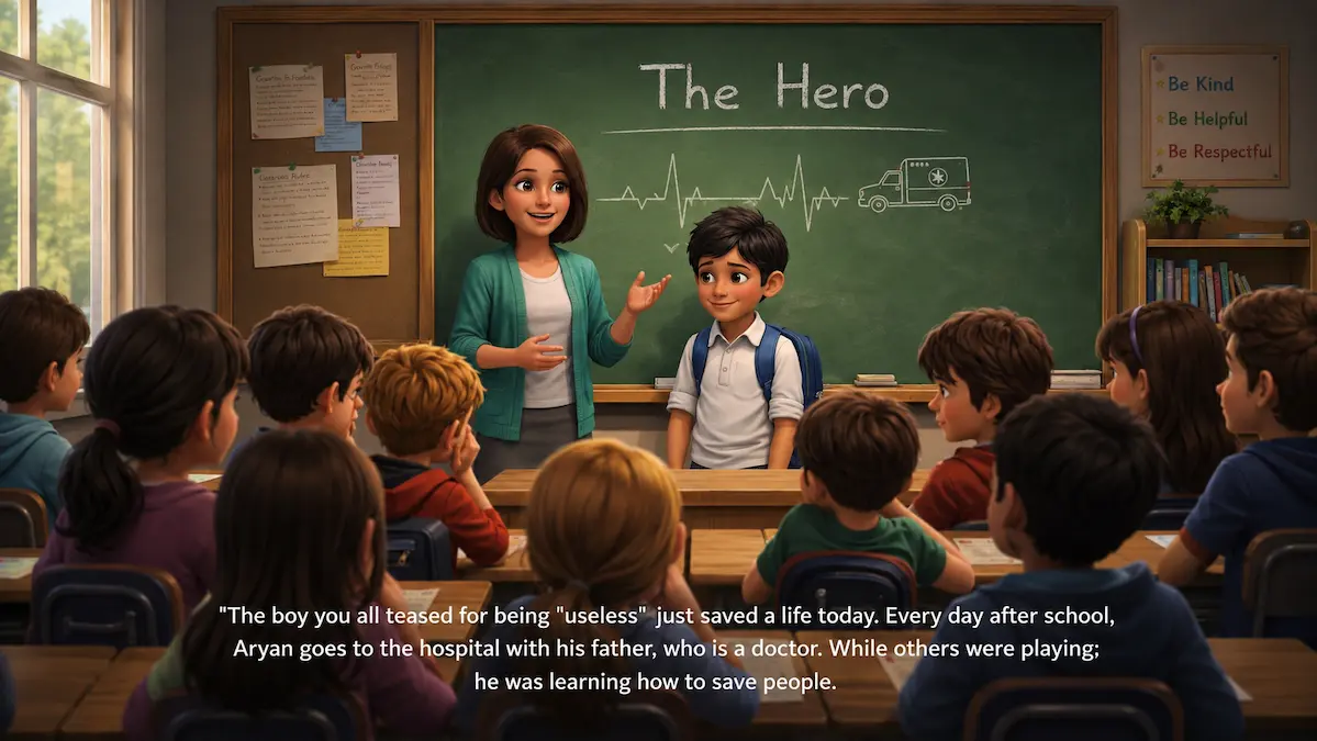 teacher-reveals-heroic-student-classroom-speech A female school teacher stands next to Aryan in front of a green chalkboard reading 'The Hero', explaining to the classroom how he learns to save lives from his doctor father.
