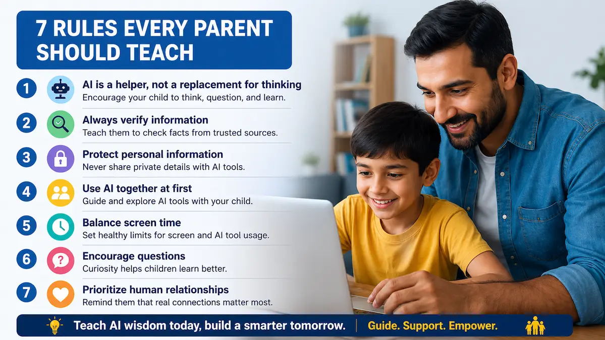 7 Essential AI Safety Rules Every Parent Should Teach Their Child Father helping his son use a laptop while learning seven important rules for safe and responsible AI use, including privacy protection, fact-checking, and balanced screen time.