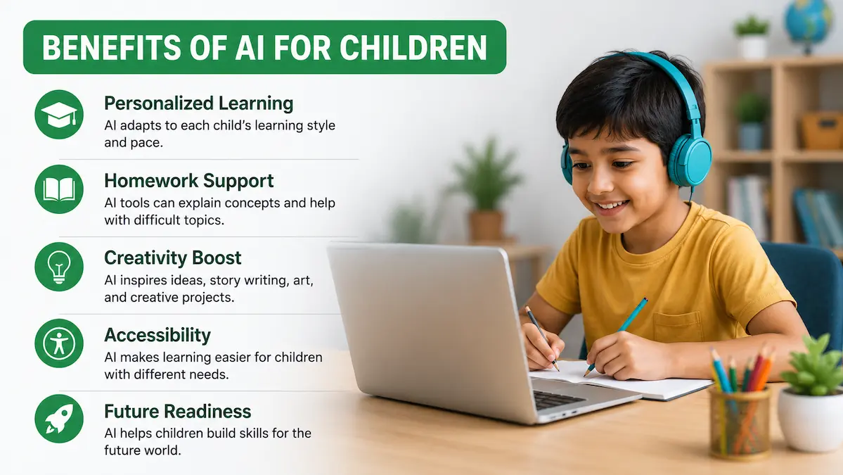 Benefits of AI for Children: How Artificial Intelligence Supports Learning Young student using a laptop for AI-powered learning, showcasing the benefits of artificial intelligence for children including personalized learning, homework support, creativity, accessibility, and future readiness.