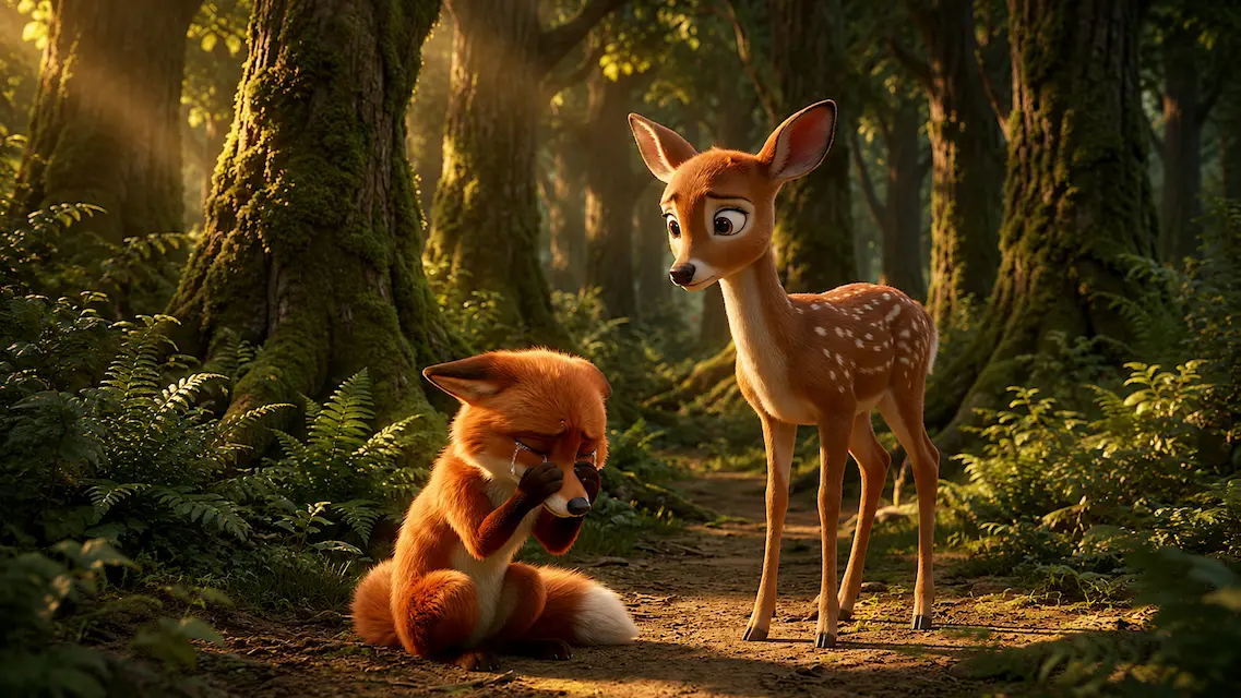 A crying fox sits on a forest path while a kind deer looks at him with concern in a sunlit woodland.