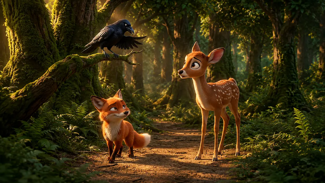 A crow perched on a tree branch warns a deer while a fox stands nearby in a forest.