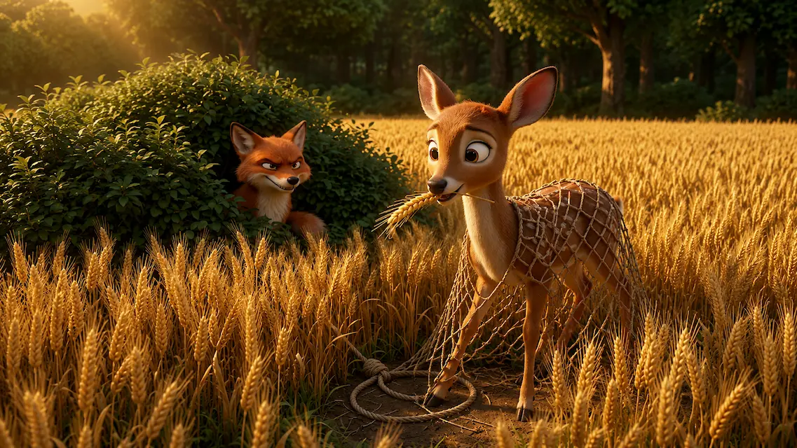 A deer trapped in a net stands in a wheat field while a fox secretly watches from behind a bush.