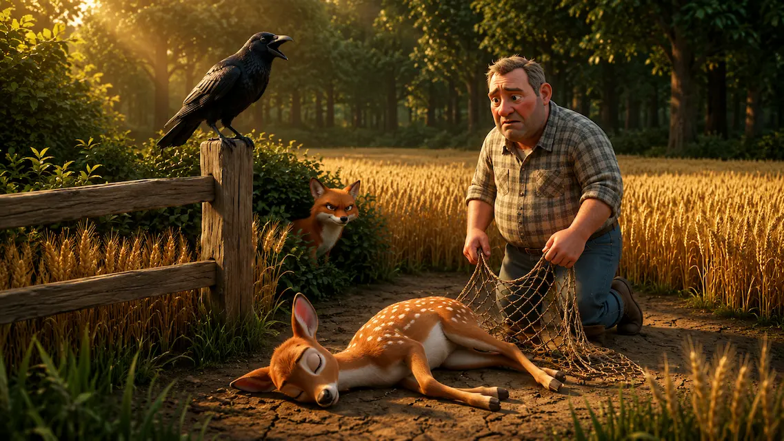 A farmer stands beside a trapped deer while a crow watches from a fence and a fox hides nearby in a field