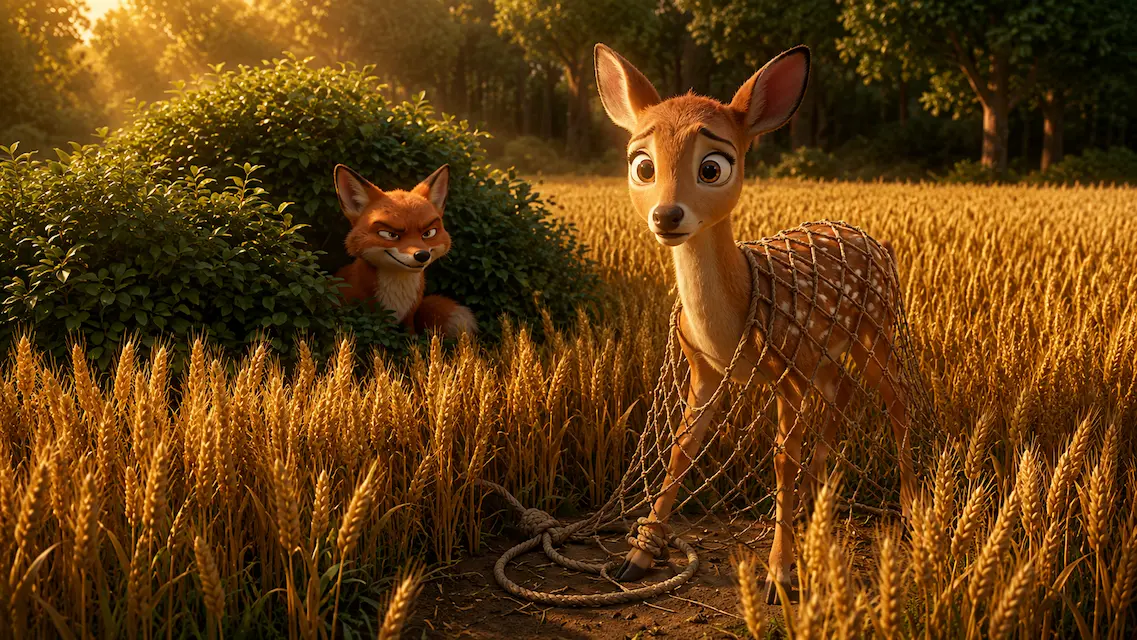 A frightened deer struggles in a net while a fox hides nearby with a sly expression in a golden field.