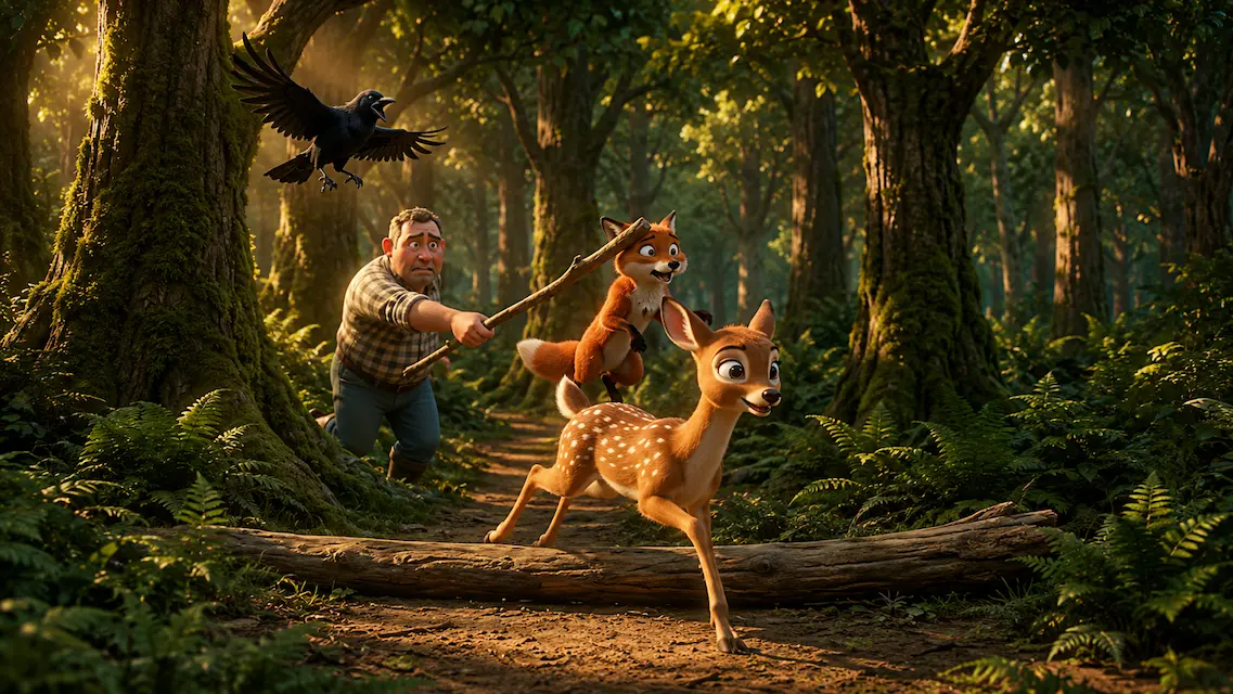 A dramatic animated forest scene showing a deer escaping across a fallen log while a fox rides on its back. Behind them, a farmer throws a stick, and a crow flies overhead with wings spread. Sunlight filters through tall trees, creating a tense moment near the end of the story.