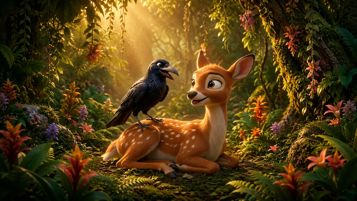 A peaceful animated forest scene showing a deer resting safely on the ground while its loyal crow friend stands beside it. Warm sunlight streams through the trees and colorful flowers surround them, symbolizing trust, wisdom, and friendship after overcoming danger.