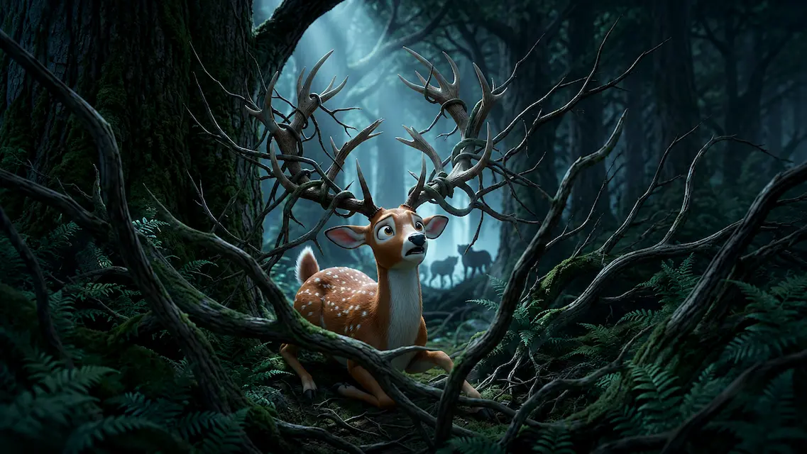 A frightened deer with large antlers becomes trapped among twisted branches in a dark forest while distant animals appear in the background.