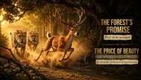 A fast-running spotted deer races through a forest path while two big cats chase behind, accompanied by dramatic motivational text.