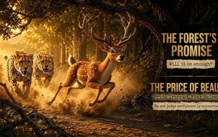 A fast-running spotted deer races through a forest path while two big cats chase behind, accompanied by dramatic motivational text.