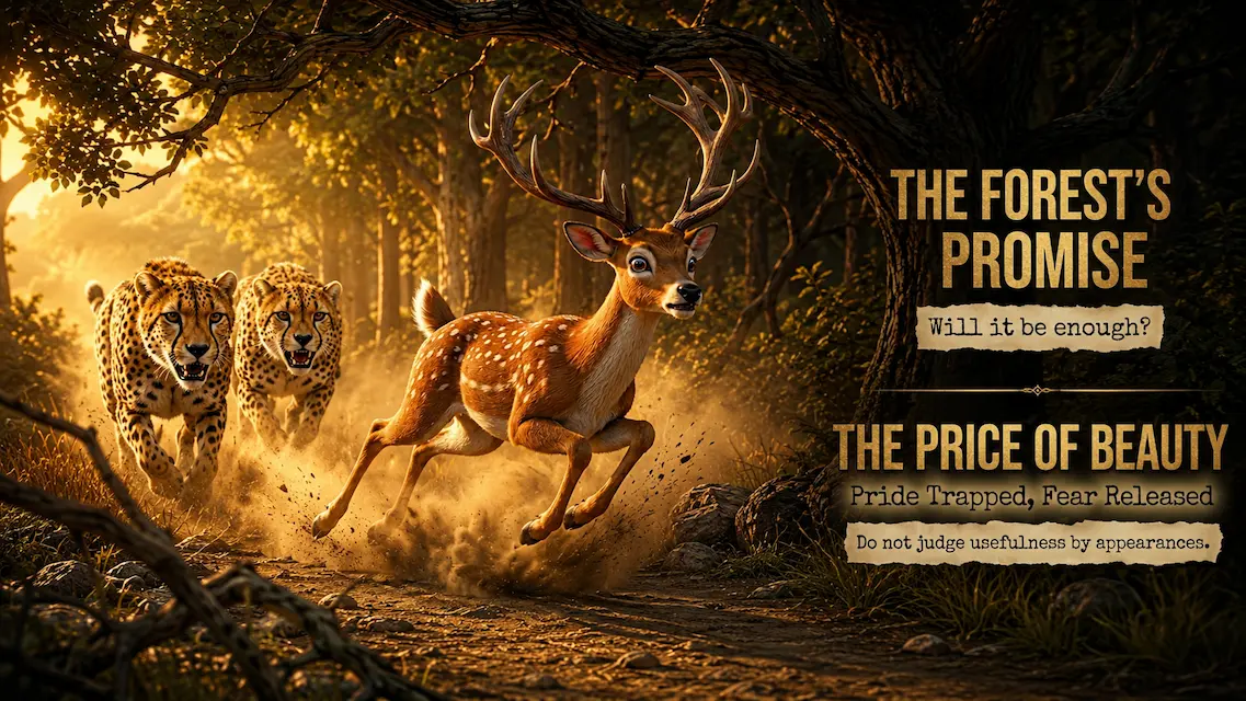 A fast-running spotted deer races through a forest path while two big cats chase behind, accompanied by dramatic motivational text.