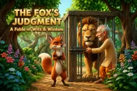 The Fox's Judgment story featuring a clever fox, a trapped lion, and a wise traveler in a magical forest.