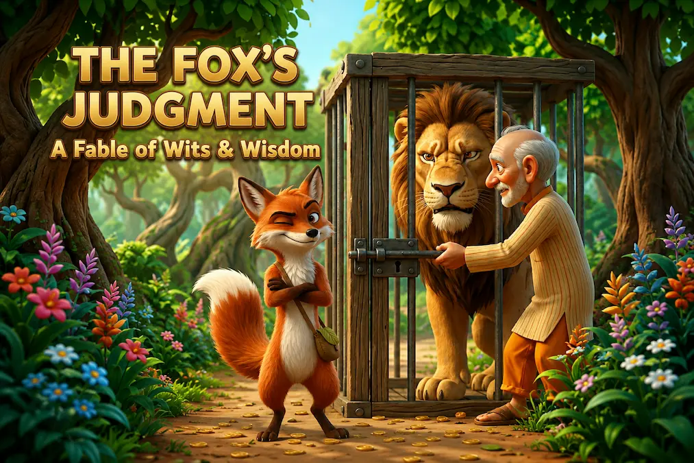 The Fox's Judgment story featuring a clever fox, a trapped lion, and a wise traveler in a magical forest.