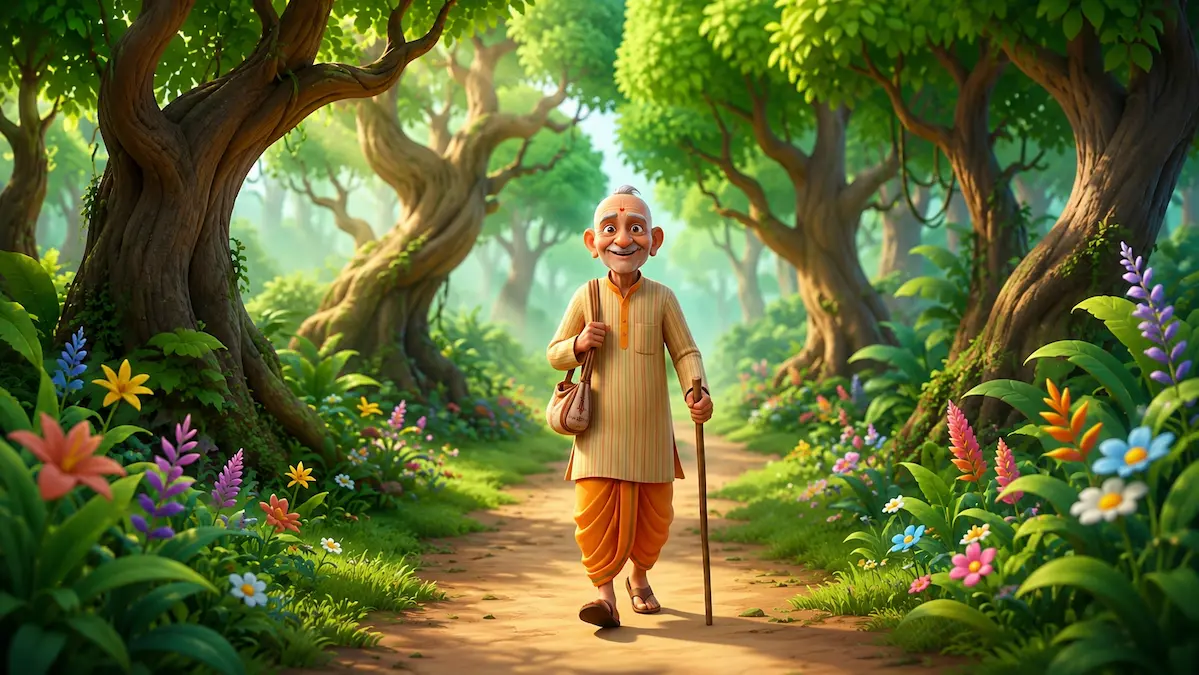 An elderly traveler walking peacefully through a beautiful forest path carrying a bag and wooden staff.