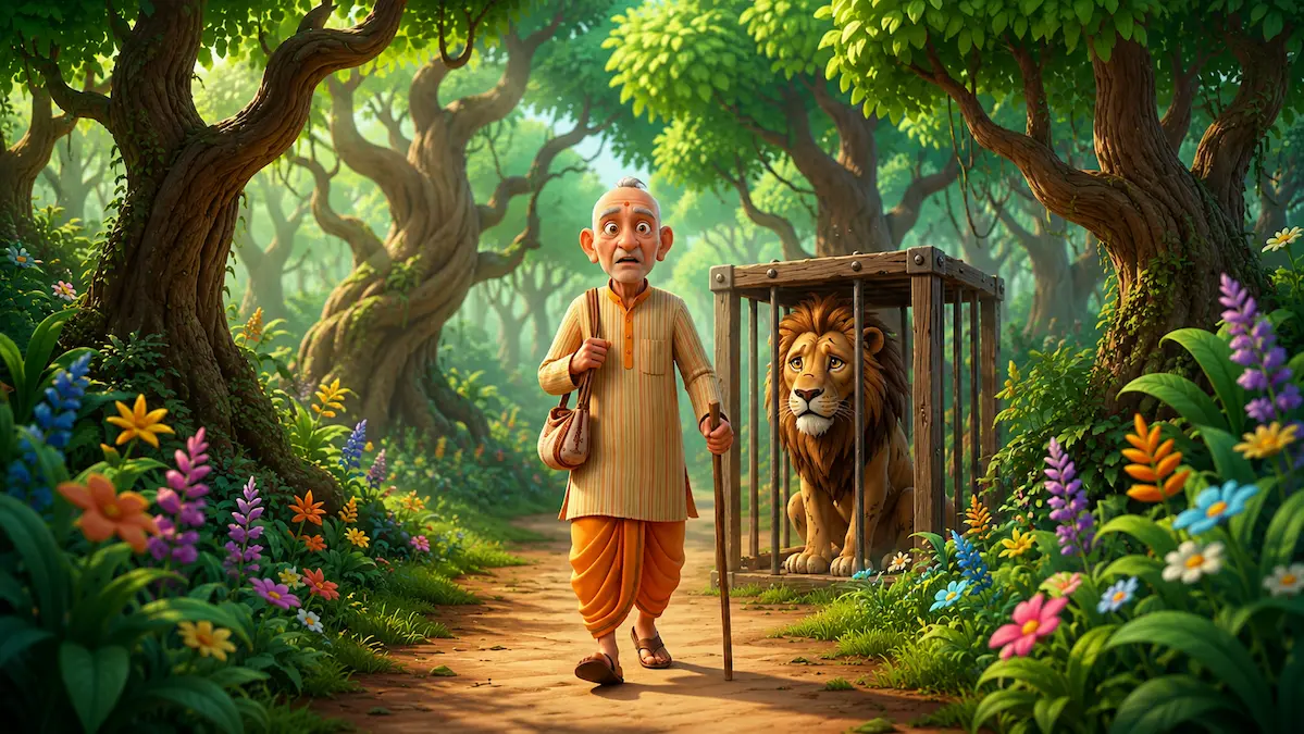 Surprised traveler standing near a lion trapped inside a wooden cage in the forest.